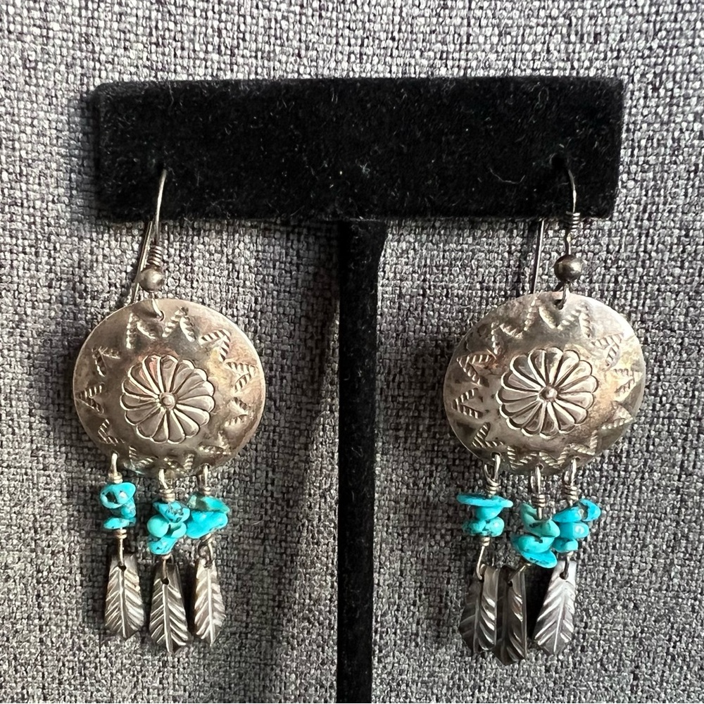 Native American Navajo Concho Turquoise Earrings Feathers MOP 925 Dangle 7cms